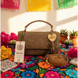 Hazelnut Brown Sunflower Embossed Tooled Artisan LEATHER Crossbody Handbag Purse